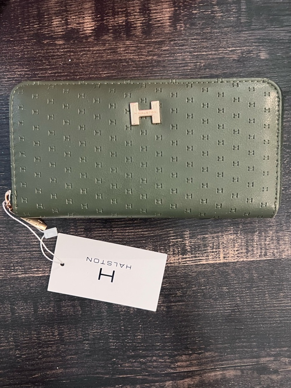 NWT H Halston Olive Green Zip Around Wallet Embossed Logo Wristlet